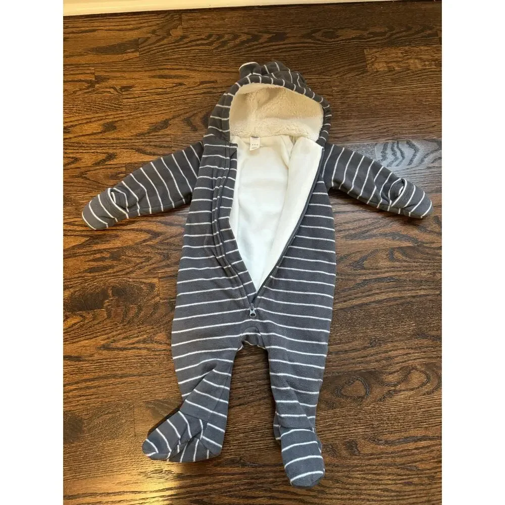 Old Navy Fleece Gray White Striped Bear One-Piece Bunting | 6-12 Months